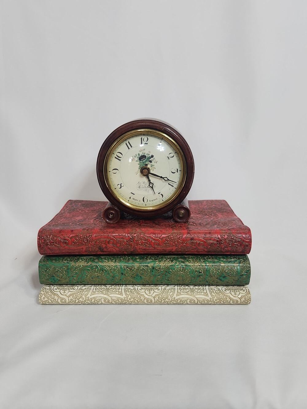 Vintage Ja. Bucknell Crediton England Quartz Desk Mantel Clock Wood Floral Dial